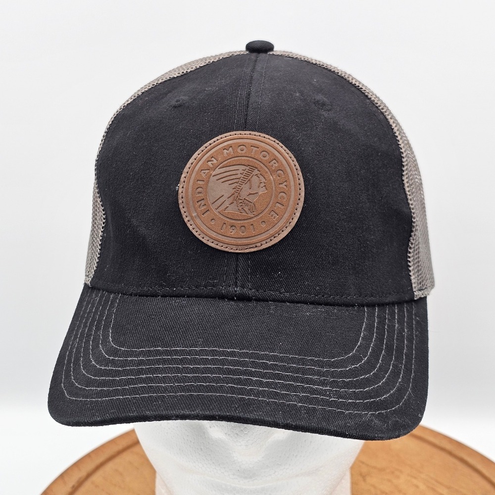 Indian‎ Motorcycle Mesh Back Trucker Hat Black Brown Leather Patch Snapback Cap